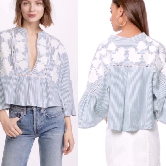 Free People Liya Embroidered Floral Stripe boho blouse top - XS - Picture 1 of 6